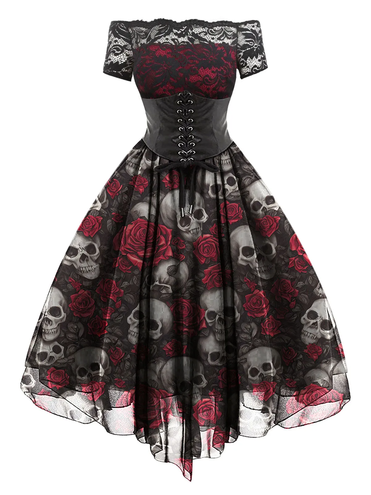 1950s Halloween Skull Rose Lace Mesh Dress