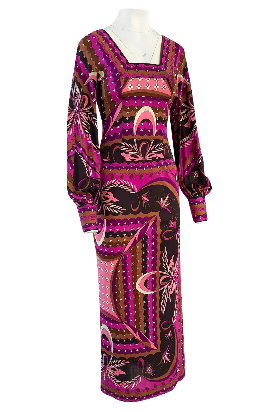 1960s Emilio Pucci Pink Floral & Ribbon Print Silk Jersey Dress w Matching Silk Chiffon Scarf