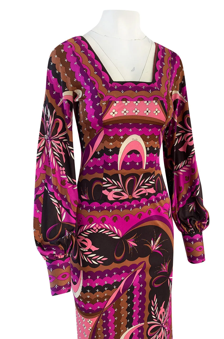 1960s Emilio Pucci Pink Floral & Ribbon Print Silk Jersey Dress w Matching Silk Chiffon Scarf