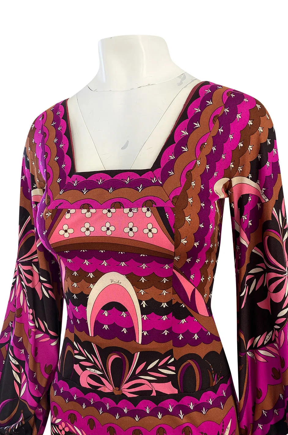 1960s Emilio Pucci Pink Floral & Ribbon Print Silk Jersey Dress w Matching Silk Chiffon Scarf