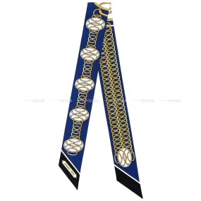 2021 AW HERMES scarf Twilly Lift Profile Marine/Black/Gold Silk100%[EXCELLENT][Authentic]