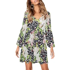 apple blossom leopard print V-Neck Loose Fit Dress (Model D62)