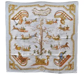 Auth HERMES Carre 90 Scarf "Traineaux et glifsades" Silk Light Blue Box 3357D