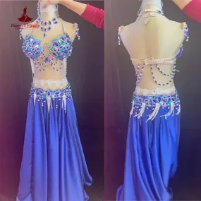 Belly Dance Performance Set for Women Customzied Bra Belt Satin Long Skirt 3pcs Oriental Set Adult Children Bellydancing Outfit