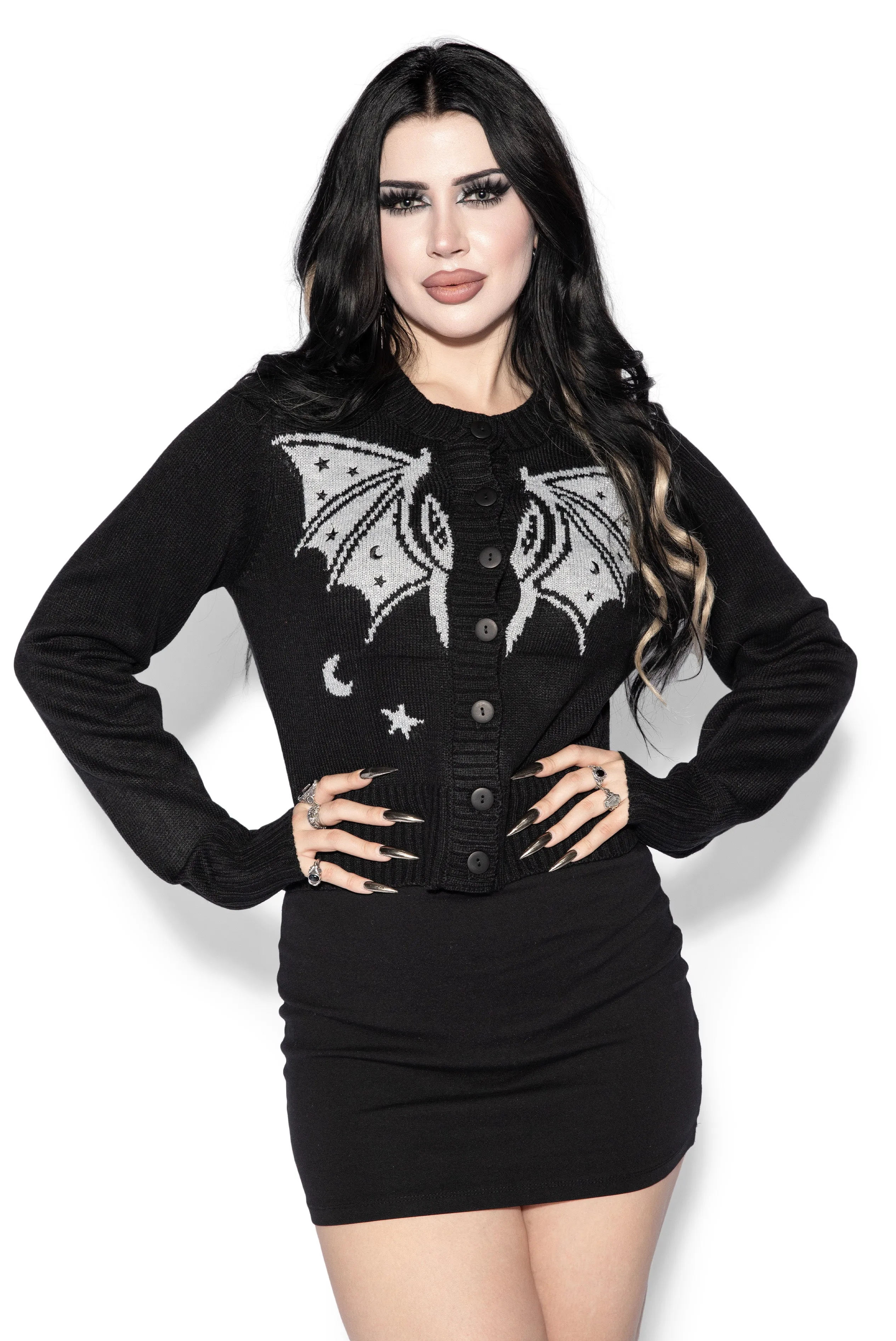 Black & Silver Bat Cropped Cardigan