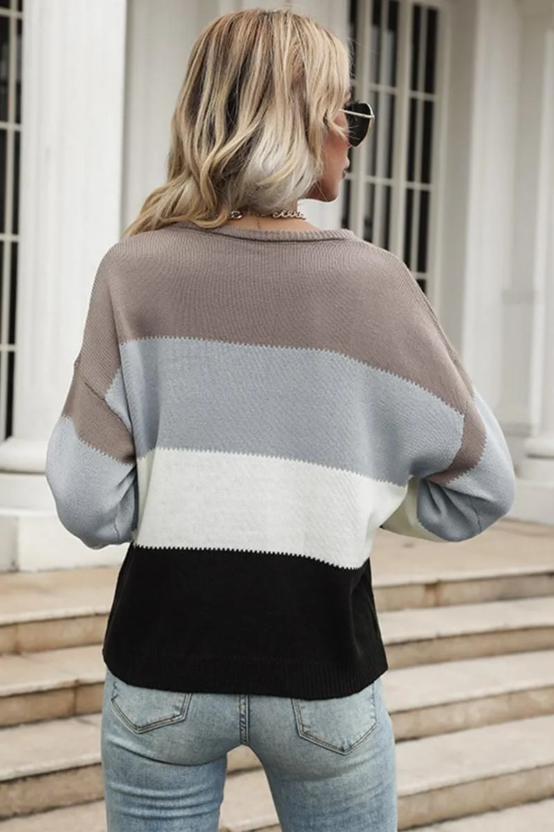 COLOR BLOCK LOOSE FIT CASUAL SWEATER TOP