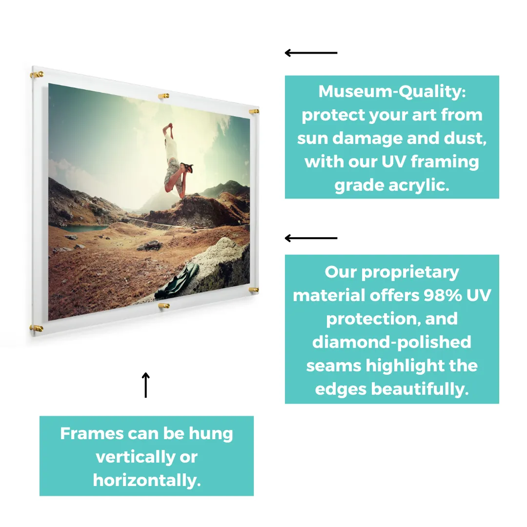 Double Panel Acrylic Floating Wall Frames - CHOOSE YOUR SIZE (Silver/Gold)