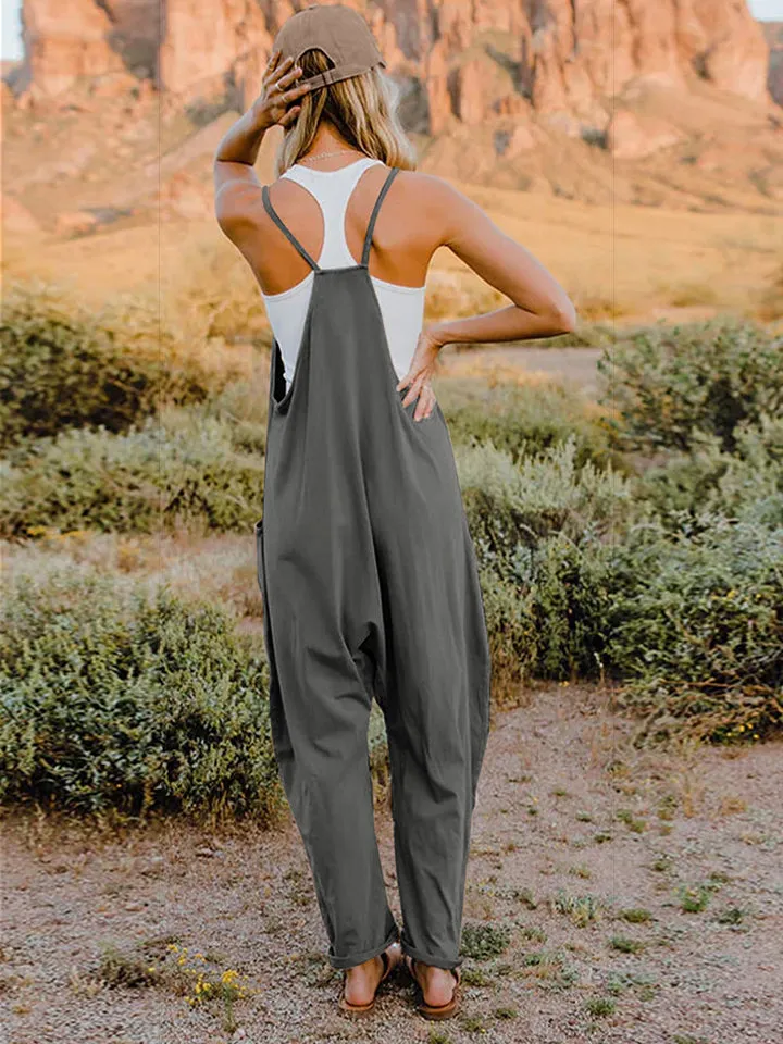 Double Take Plus Size ärmelloser Jumpsuit mit V-Ausschnitt und Taschen