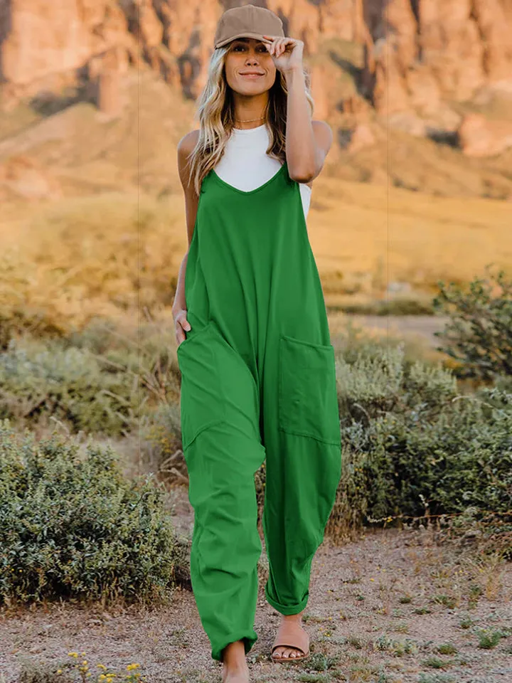 Double Take Plus Size ärmelloser Jumpsuit mit V-Ausschnitt und Taschen