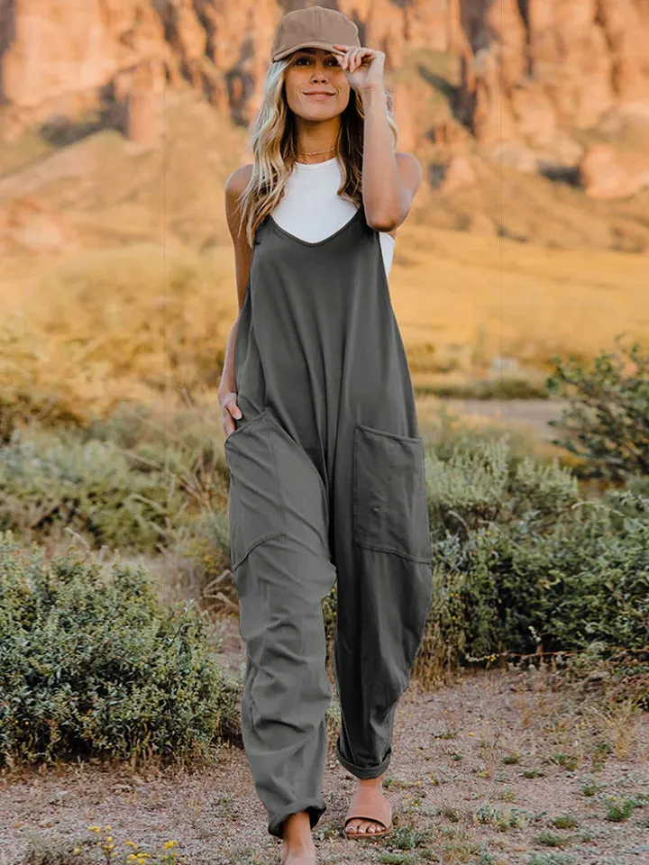 Double Take Plus Size ärmelloser Jumpsuit mit V-Ausschnitt und Taschen