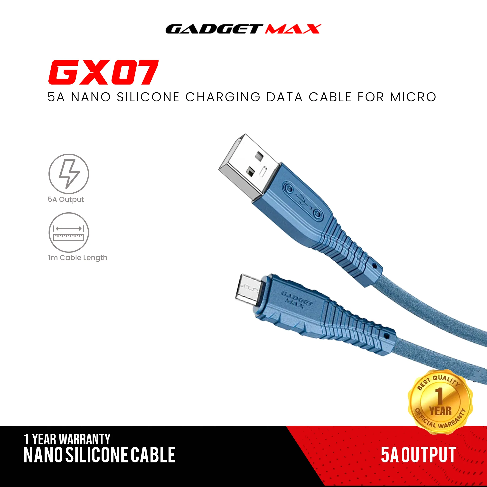 GADGET MAX GX07 MICRO 2.4A NANO SILICONE CHARGING DATA CABLE FOR MICRO (2.4A)(1M) - BLACK