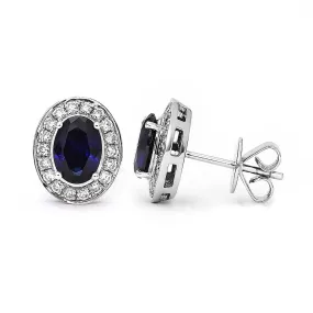 Intense Blue Oval Lab Grown Sapphire with Halo Stud Earrings in 18K White Gold