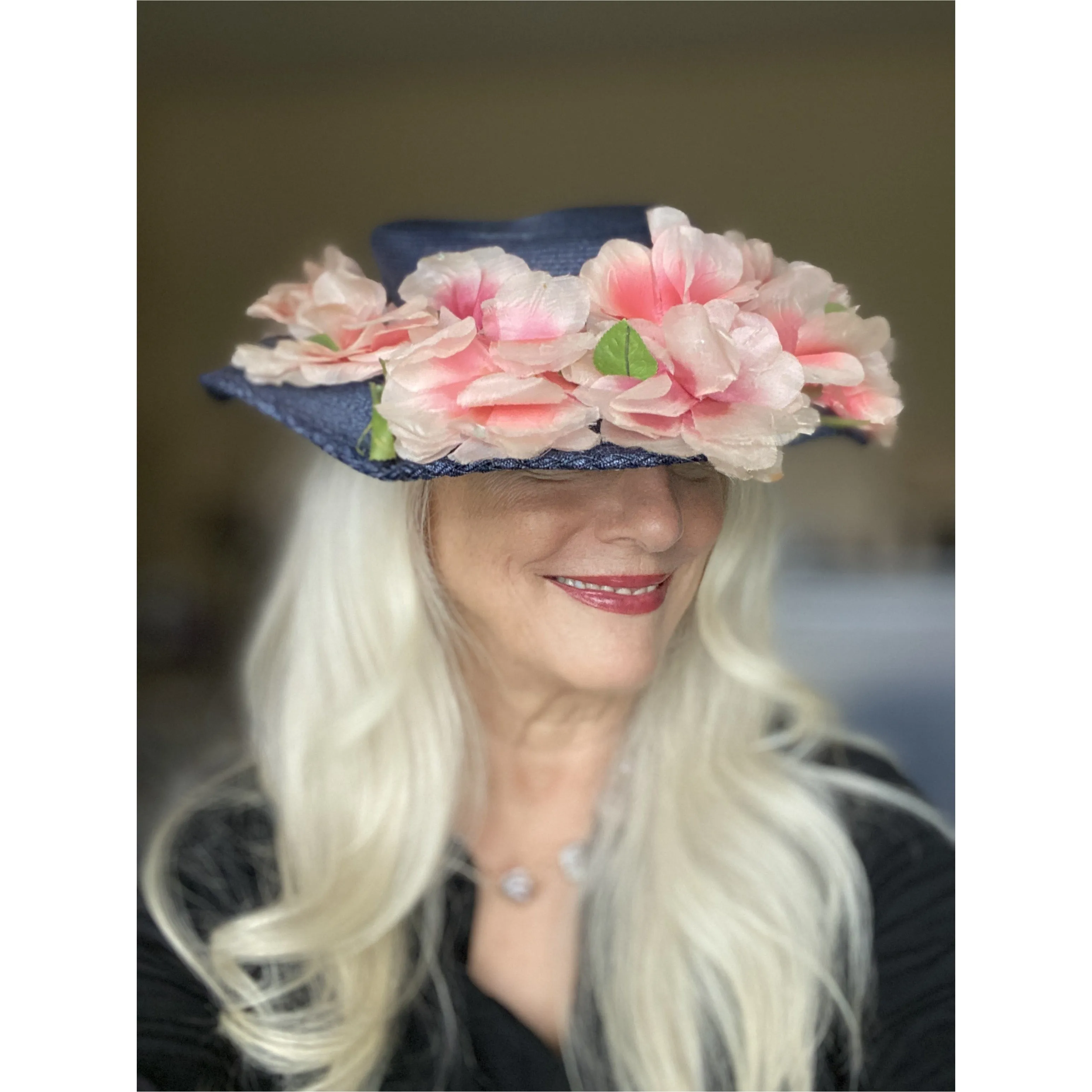 Lovely Vintage 1940s Womens Wide Brimmed Church Hat Lots of Pink Flowers Navy Blue Straw