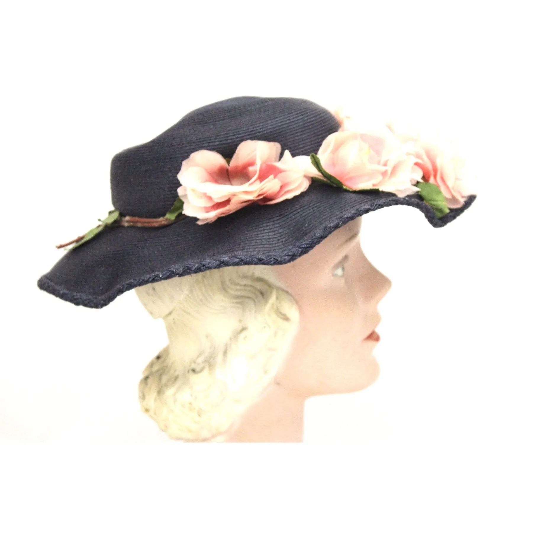 Lovely Vintage 1940s Womens Wide Brimmed Church Hat Lots of Pink Flowers Navy Blue Straw