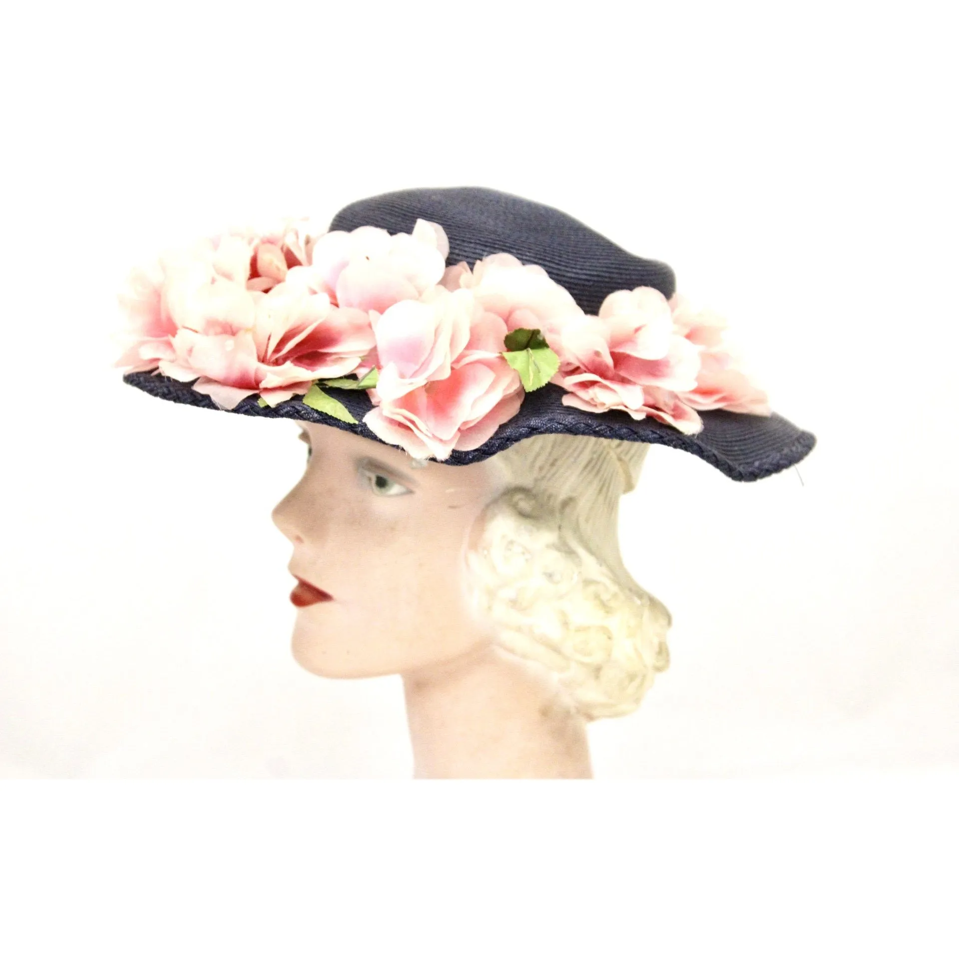 Lovely Vintage 1940s Womens Wide Brimmed Church Hat Lots of Pink Flowers Navy Blue Straw