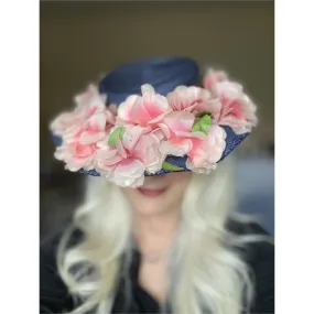 Lovely Vintage 1940s Womens Wide Brimmed Church Hat Lots of Pink Flowers Navy Blue Straw