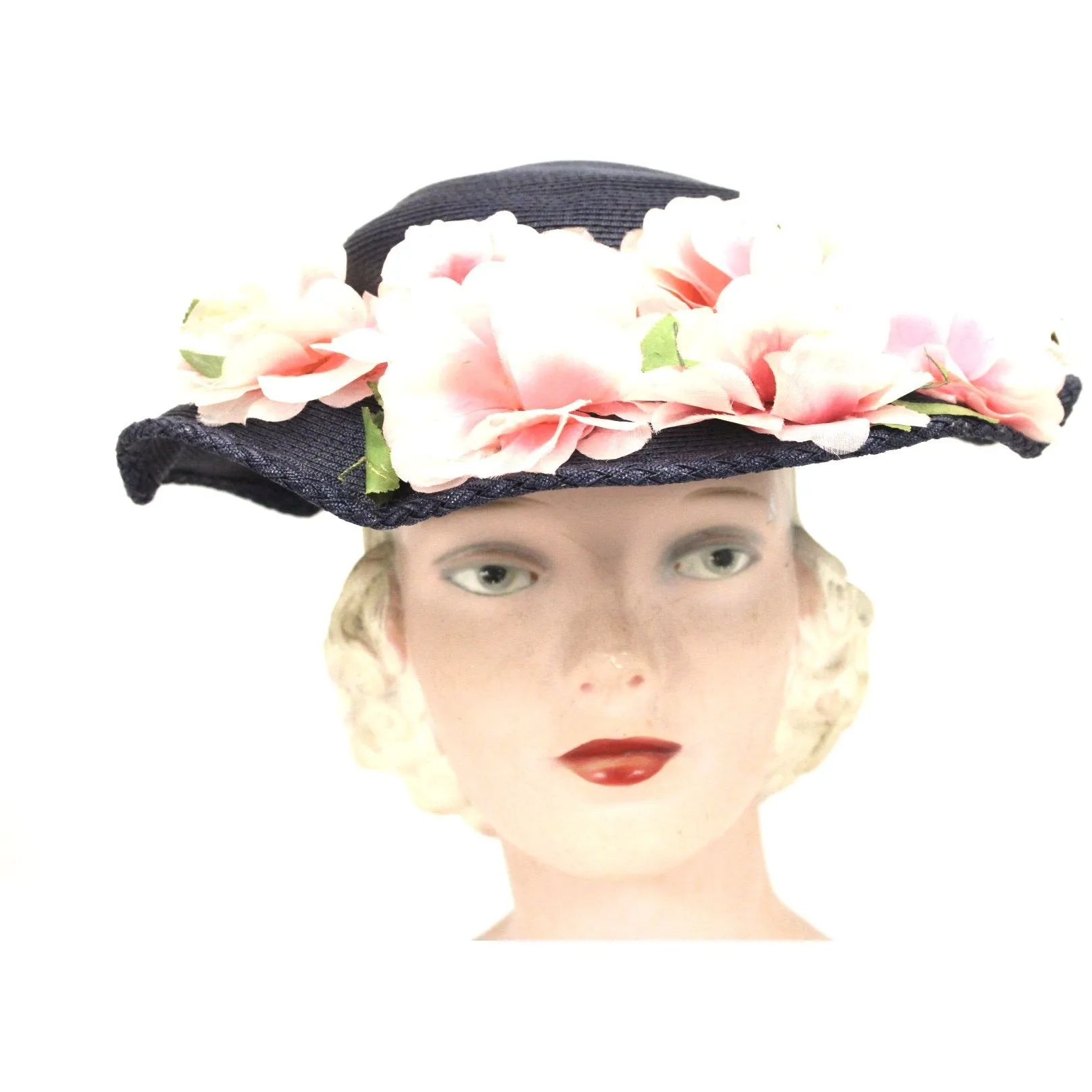 Lovely Vintage 1940s Womens Wide Brimmed Church Hat Lots of Pink Flowers Navy Blue Straw