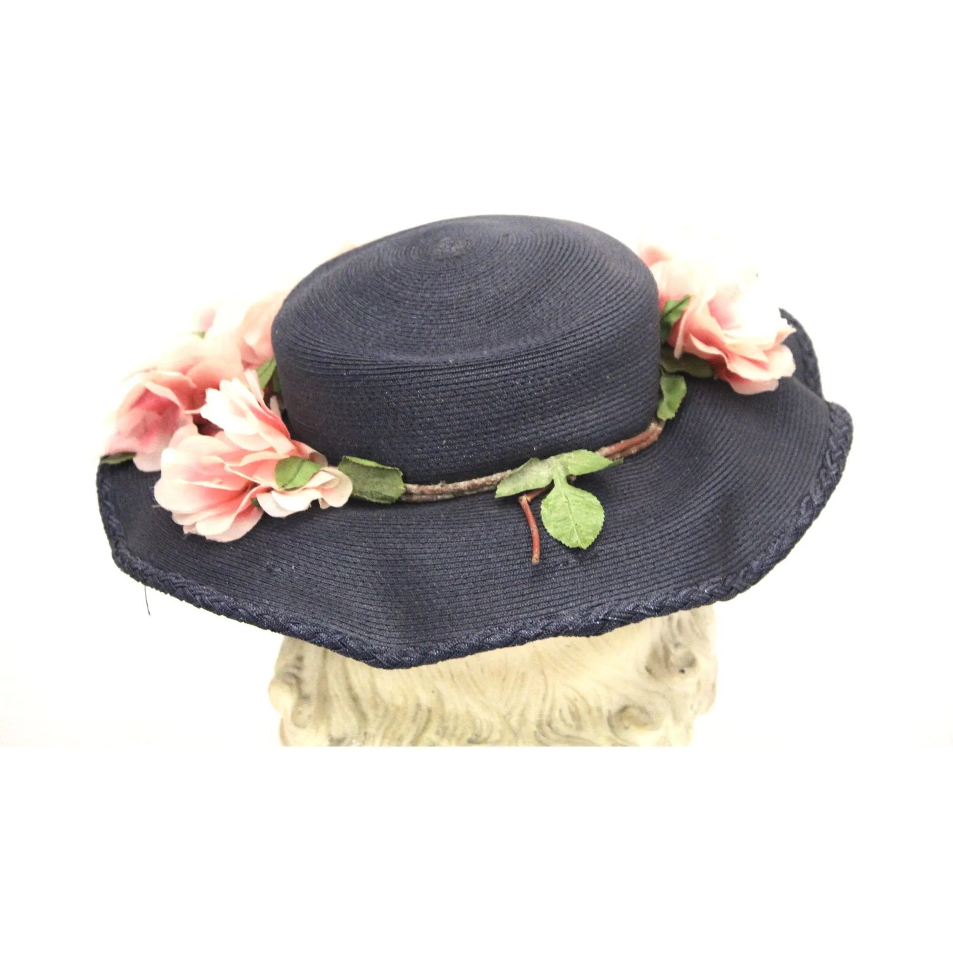 Lovely Vintage 1940s Womens Wide Brimmed Church Hat Lots of Pink Flowers Navy Blue Straw