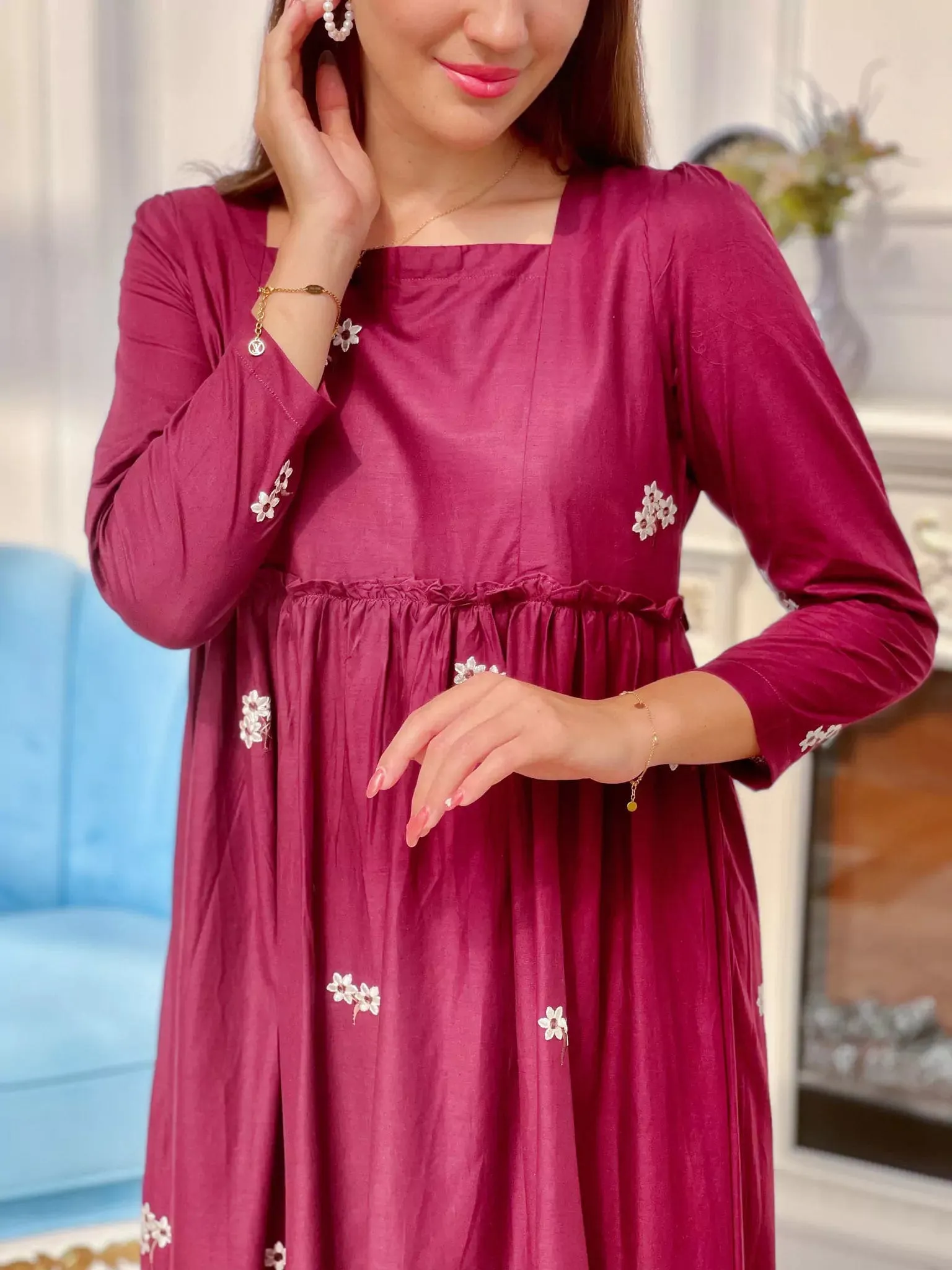 Nova Maroon Embroidered Dress