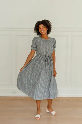 'Selma' Smocked Sleeve Gingham Cotton A-Line Midi Dress in Black